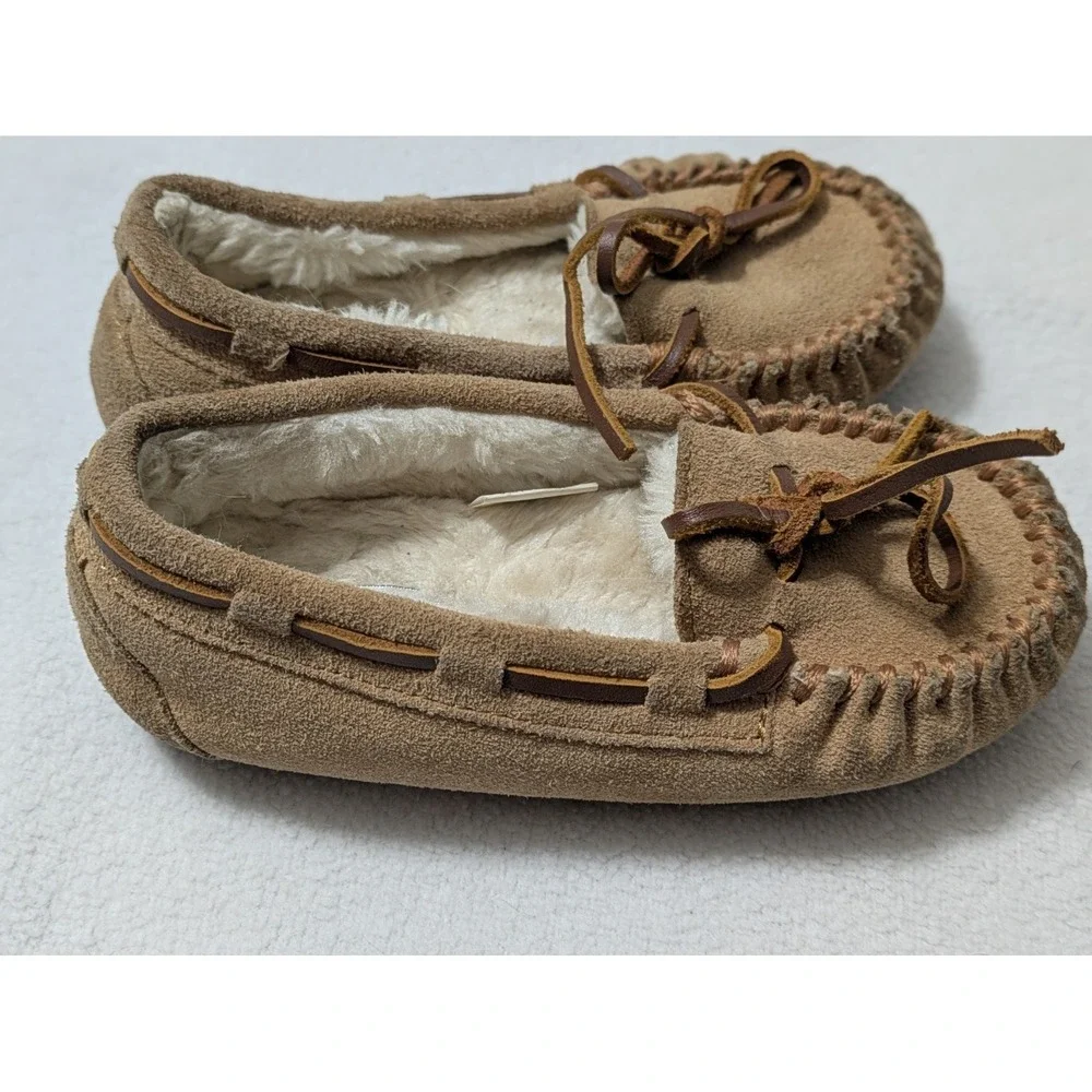 Minnetonka Moccasins Girls Suede Slippers Faux Fur Lined Kids Shoes Sz 12‎ Youth